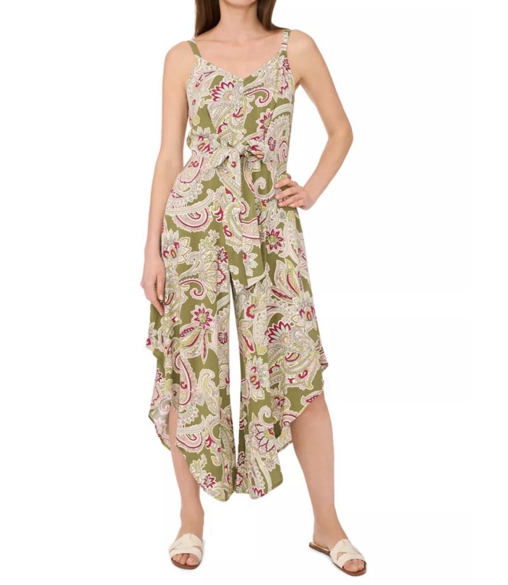 Vince Camuto Women's Paisley Tie Front Challis Jumpsuit Green Size Large